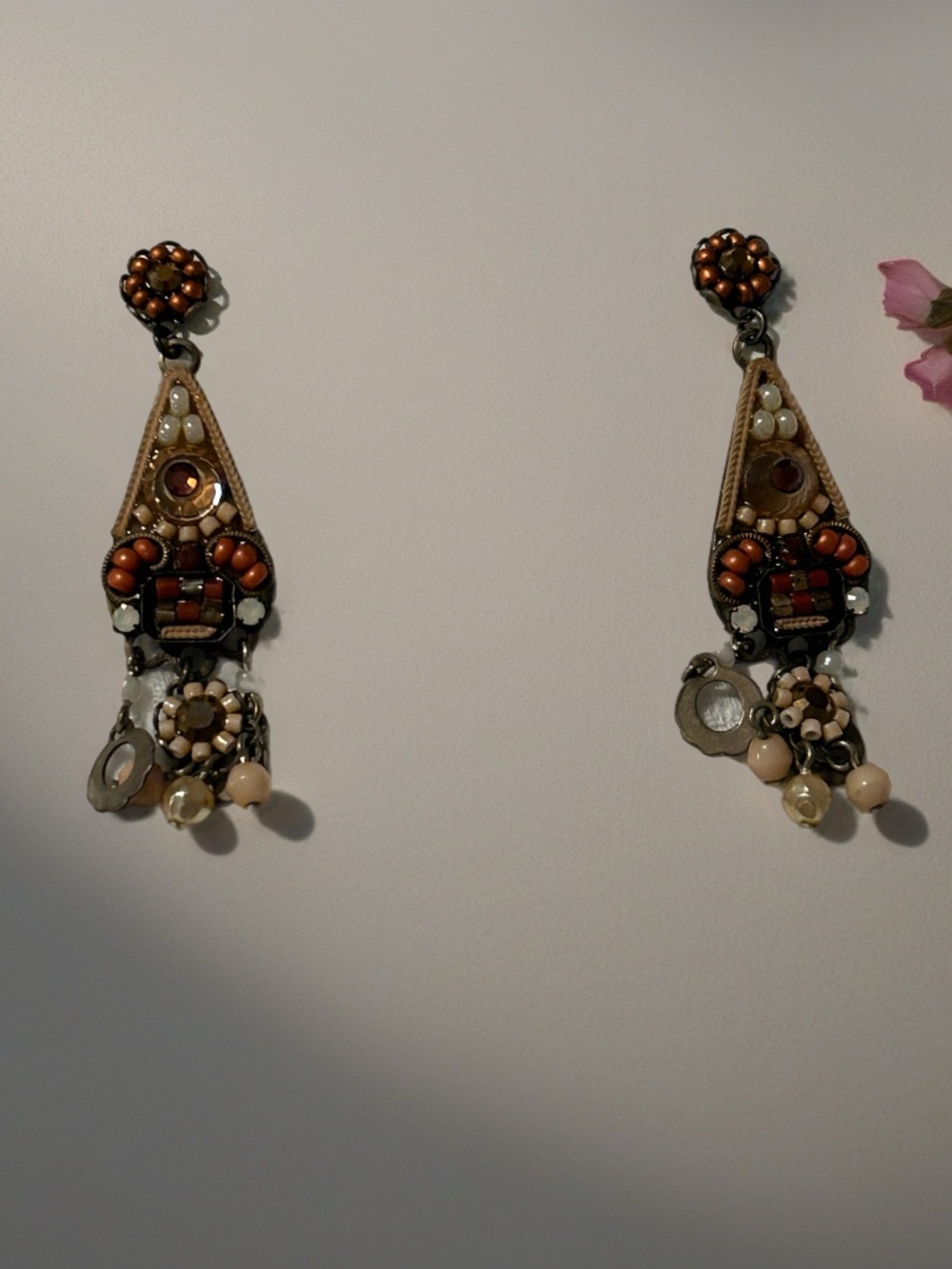 Ayala Bar Brown Dangle Earrings Mosaic and Rhinestone Earth Tones Boho Artisan - Picture 4 of 6